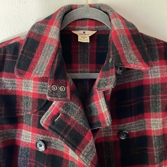 WOOLRICH Vintage Wool Plaid Check Double Breasted Coat Jacket Peacoat Red Black - Picture 3 of 14